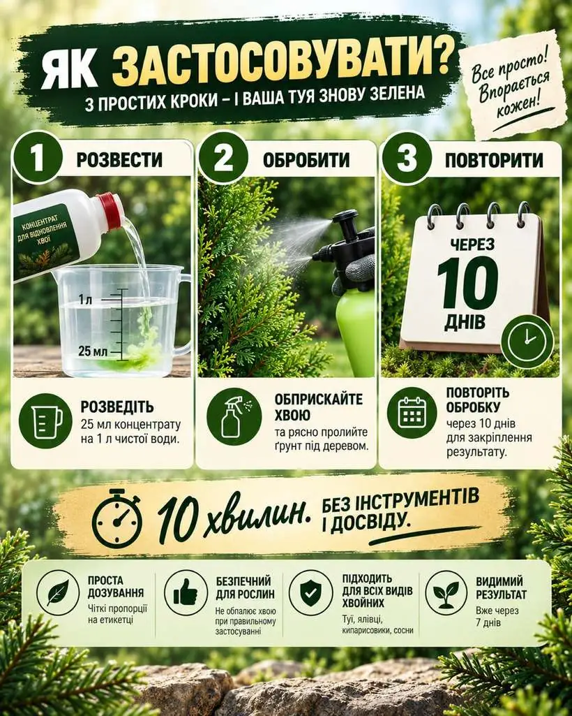 Як застосовувати: розвести 25 мл на 1 л води, обприскати хвою та полити ґрунт, повторити через 10 днів.