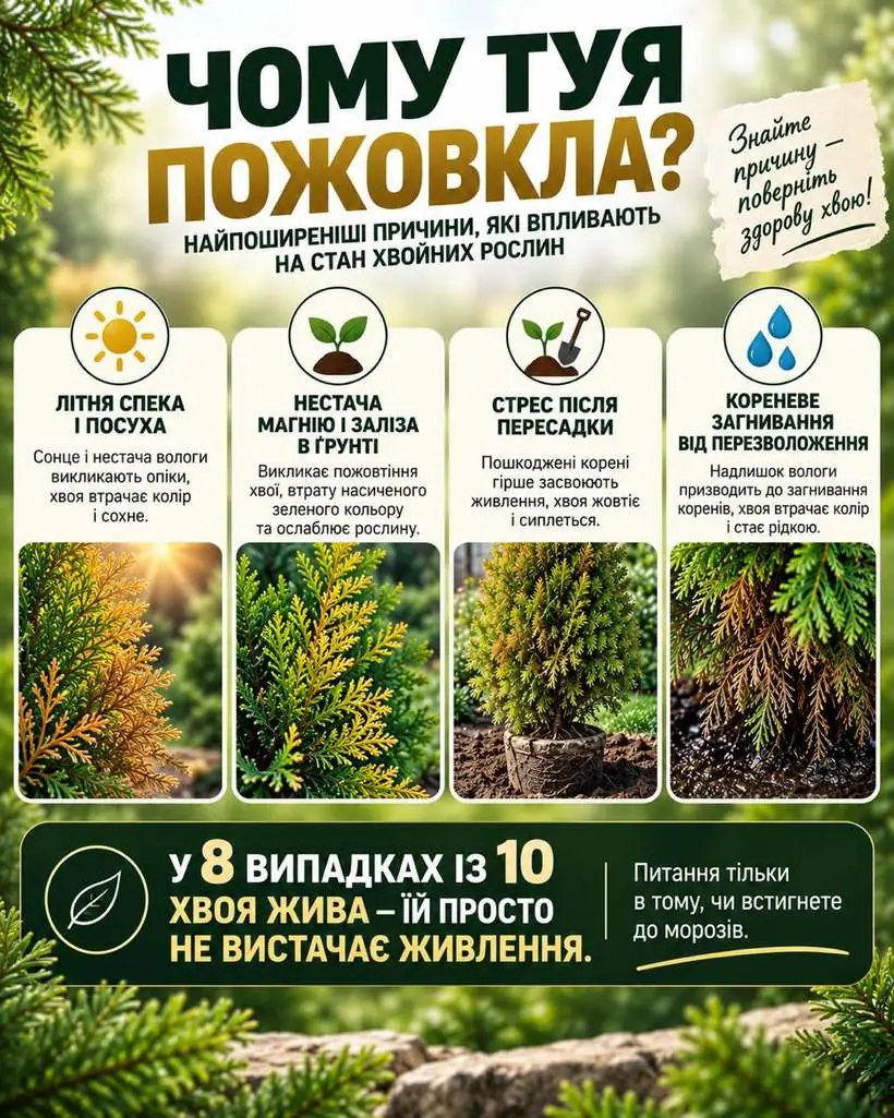 Чому туя пожовкла: літня спека і посуха, нестача магнію та заліза, стрес після пересадки, кореневе загнивання.